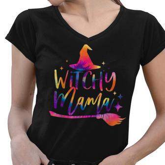 Tie Dye Witchy Mama Witch Hat Broom Spooky Mama Halloween Women V-Neck T-Shirt - Seseable