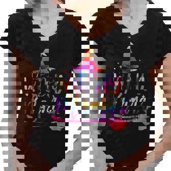 Tie Dye Witchy Mama Witch Hat Broom Spooky Mama Halloween Women V-Neck T-Shirt | Seseable UK