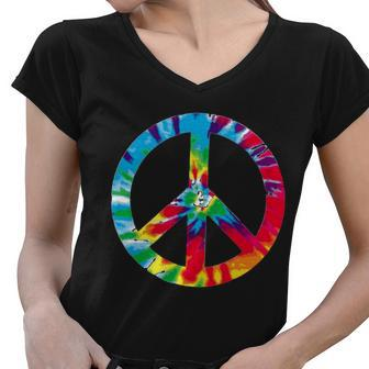 Tie Dye World Peace Sign Tshirt Women V-Neck T-Shirt - Monsterry