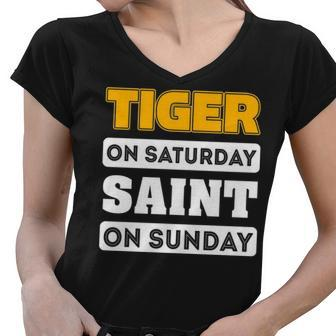 Tiger Saturday Saint Sunday Louisiana Football T S Women V-Neck T-Shirt - Thegiftio UK