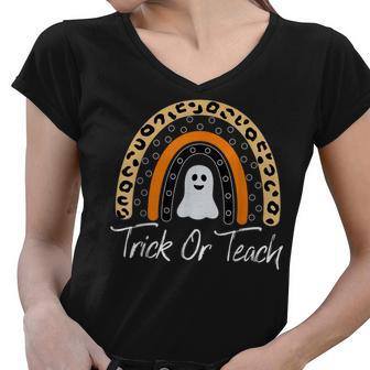 Trick Or Teach Funny Teacher Halloween Costume 2022 Rainbow Women V-Neck T-Shirt - Thegiftio UK