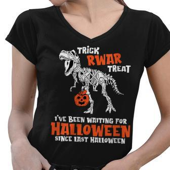 Trick Rawr Treat Dinosaur Trex Pumpkin Spend All Year Waiting For Halloween Women V-Neck T-Shirt - Seseable