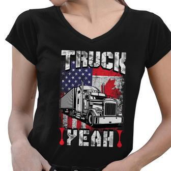 Truck Yeah Canada Flag American Flag Freedom Convoy Women V-Neck T-Shirt - Monsterry UK
