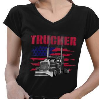 Trucker Truck Driver American Flag Trucker Women V-Neck T-Shirt - Seseable