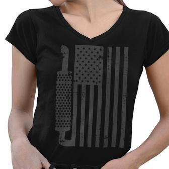 Trucker Truck Driver American Flag With Exhaust Patriotic Trucker Women V-Neck T-Shirt - Seseable