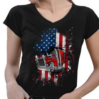 Trucker Trucker American Flag Big Truck Driver 18 Wheeler Trucker Women V-Neck T-Shirt - Seseable