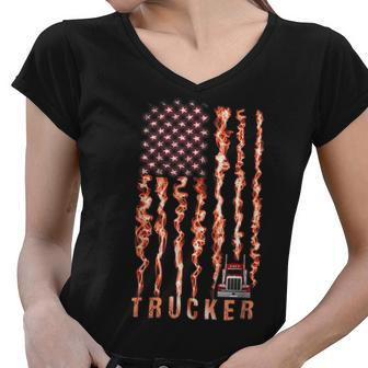 Trucker Trucker American Flag Smoking Women V-Neck T-Shirt - Seseable