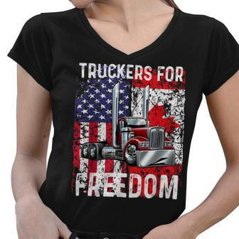 Trucker Trucker For Freedom Convoy 2022 American Canadian Flag Women V-Neck T-Shirt - Seseable
