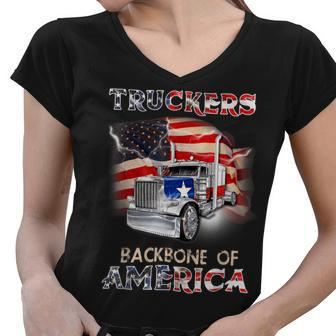 Trucker Truckers Backbone Of America Happy 4Th Of July Usa Flag Women V-Neck T-Shirt - Seseable