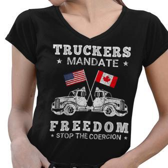 Trucker Truckers Mandate Freedom Stop The Coercion Usa Canada Flags Women V-Neck T-Shirt - Seseable