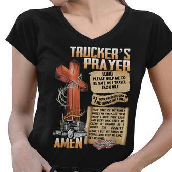 Trucker Truckers Prayer Amen Cross Truck Drive Lover Women V-Neck T-Shirt - Seseable