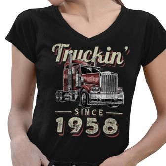 Trucker Truckin Since 1958 Trucker Big Rig Driver 64Th Birthday Women V-Neck T-Shirt - Seseable