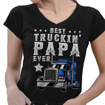 Trucker Trucking Papa Shirt Fathers Day Trucker Apparel Truck Driver Women V-Neck T-Shirt - Seseable