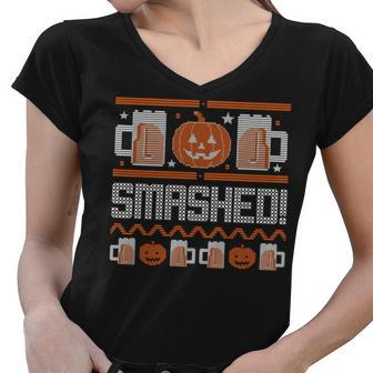 Ugly Halloween Sweater Pumpkin Jackolantern Lets Get Smashed Sweatshirt Women V-Neck T-Shirt - Thegiftio UK