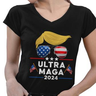 Ultra Maga Maga King Donald Trump American Flag Tshirt Women V-Neck T-Shirt - Monsterry