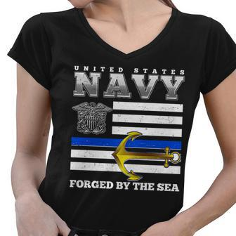 Us Navy Forge By The Sea Blue Line Flag Women V-Neck T-Shirt - Monsterry AU