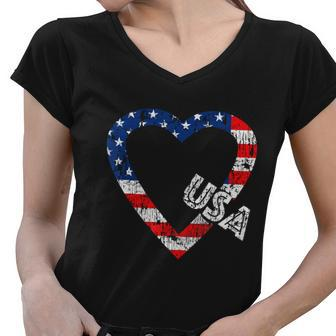 Usa Flag Patriotic American Hearts Armed Forces 4Th Of July Women V-Neck T-Shirt - Monsterry