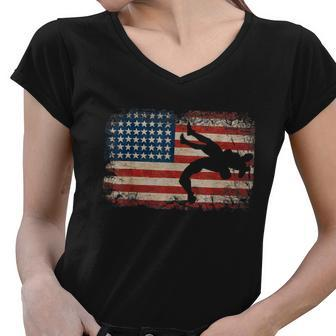 Usa Flag Wrestling American Flag Wrestling Wrestle Tshirt Women V-Neck T-Shirt - Monsterry