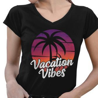 Vacation Vibes Tropical Retro Sunset Women V-Neck T-Shirt - Monsterry