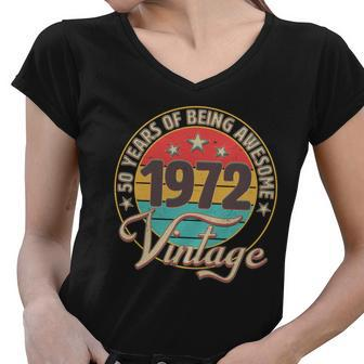 Vintage 1972 Birthday 50 Years Of Being Awesome Emblem Women V-Neck T-Shirt - Monsterry