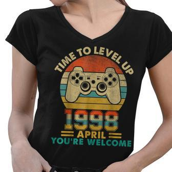 Vintage 1998 April 24 Years Old Video Gamer 24Th Birthday Women V-Neck T-Shirt - Seseable