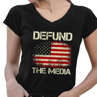 Vintage American Flag Defund The Media Women V-Neck T-Shirt - Monsterry DE