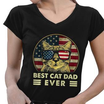 Vintage Best Cat Dad Ever American Flag Us Funny Fathers Day Women V-Neck T-Shirt - Monsterry