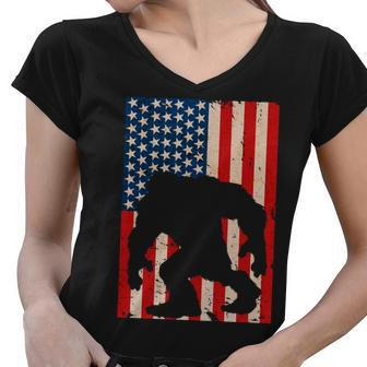 Vintage Bigfoot American Flag Tshirt Women V-Neck T-Shirt - Monsterry
