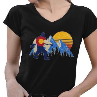 Vintage Bigfoot Colorado Flag Retro Sun Mountains Women V-Neck T-Shirt - Monsterry AU