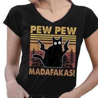 Vintage Black Cat Pew Pew Madafakas Funny Crazy Cat Lovers V2 Women V-Neck T-Shirt - Seseable
