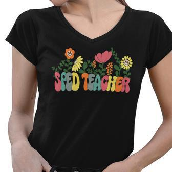 Vintage Floral Sped Teacher Mothers Day Special Ed Teacher Women V-Neck T-Shirt - Seseable