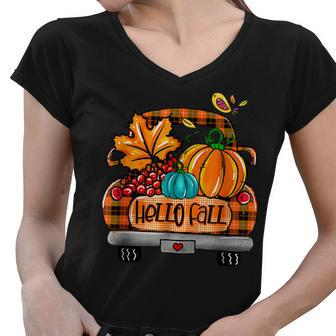 Vintage Hello Fall Pumpkin Truck Fall Truck Fall Vibes Women V-Neck T-Shirt - Thegiftio UK