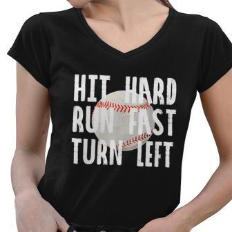 Vintage Hit Hard Run Fast Turn Left Baseball Funny Sport Gift Women V-Neck T-Shirt - Monsterry UK
