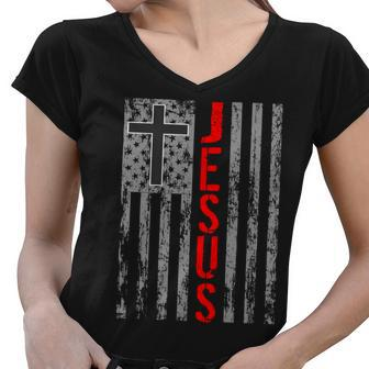Vintage Jesus Usa American Flag Catholic Christion Cross Tshirt Women V-Neck T-Shirt - Monsterry CA
