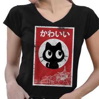 Vintage Kawaii Black Cat Ramen Lover Retro Japanese Food V2 Women V-Neck T-Shirt - Seseable