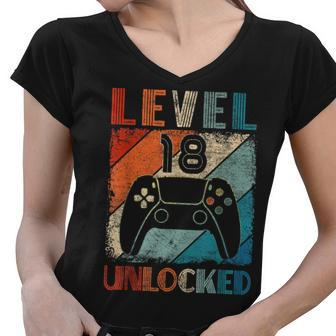 Vintage Level 18 Unlocked Video Gamer 18Th Birthday Women V-Neck T-Shirt - Seseable