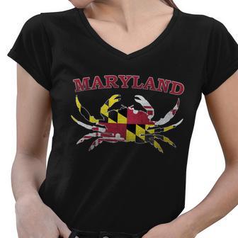 Vintage Maryland State Blue Crab Pride Flag Women V-Neck T-Shirt - Monsterry UK