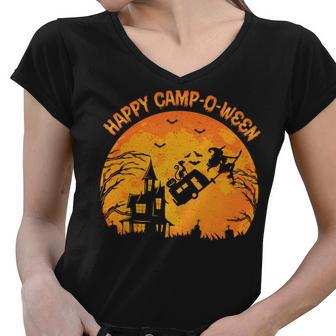 Vintage Retro Happy Camp-O-Ween Camping Halloween Sweatshirt Women V-Neck T-Shirt - Thegiftio UK
