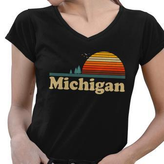Vintage Retro Michigan Sunset Logo Tshirt V2 Women V-Neck T-Shirt - Monsterry DE