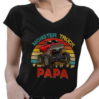 Vintage Retro Monster Truck Papa Driver Lover Fathers Day Women V-Neck T-Shirt - Monsterry