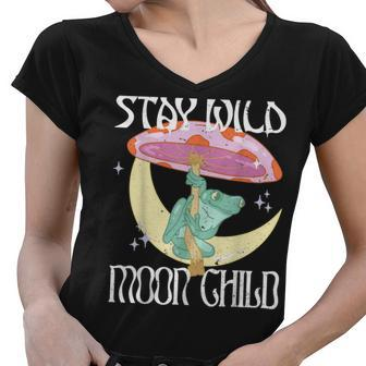 Vintage Retro Stay Wild Moon Child Frog Peace Love Hippie Women V-Neck T-Shirt - Seseable