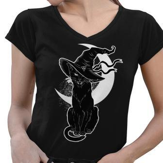 Vintage Scary Halloween Black Cat Moon Witch Tshirt Women V-Neck T-Shirt - Monsterry CA