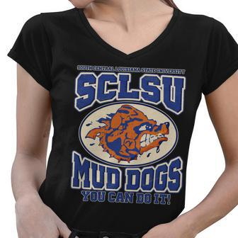 Vintage Sclsu Mud Dogs Classic Football Women V-Neck T-Shirt - Monsterry DE