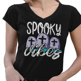Vintage Spooky Vibes Halloween Art - Cemetery Tombstones Women V-Neck T-Shirt - Seseable