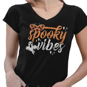 Vintage Spooky Vibes Halloween Novelty Graphic Art Design Women V-Neck T-Shirt - Seseable