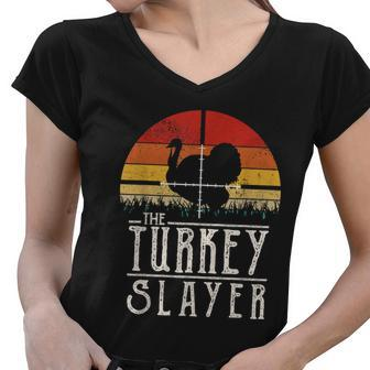 Vintage Sunset Retro Style Turkey Hunting Turkey Slayer Women V-Neck T-Shirt - Monsterry