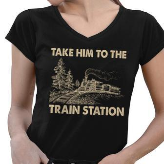 Vintage Take Him To The Train Station Tshirt Women V-Neck T-Shirt - Monsterry