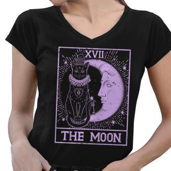 Vintage Tarot Card Xvii The Moon Black Cat Women V-Neck T-Shirt - Monsterry