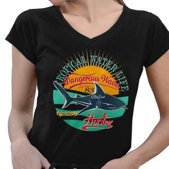 Vintage Tropical Water Life Dangerous Wave Hunter Shark Women V-Neck T-Shirt - Monsterry CA