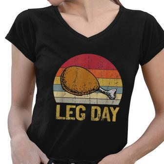 Vintage Turkey Thanksgiving Its Leg Day Gym Workout Tshirt Women V-Neck T-Shirt - Monsterry